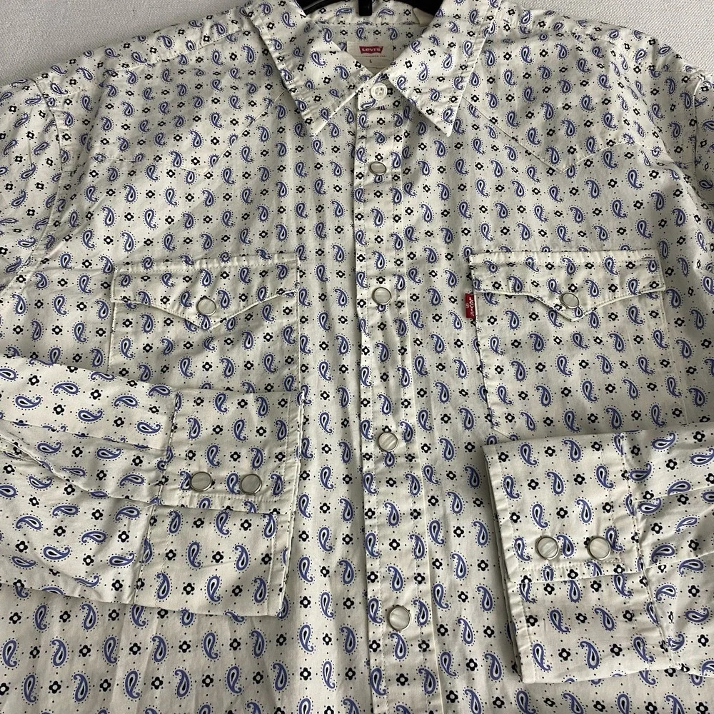 Levi's Men's L Classic Western Standard Fit Shirt‎ Pearl Snap Cream Blue Paisley